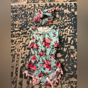 Floral Baby Romper with Matching Headband - Mint & Pink